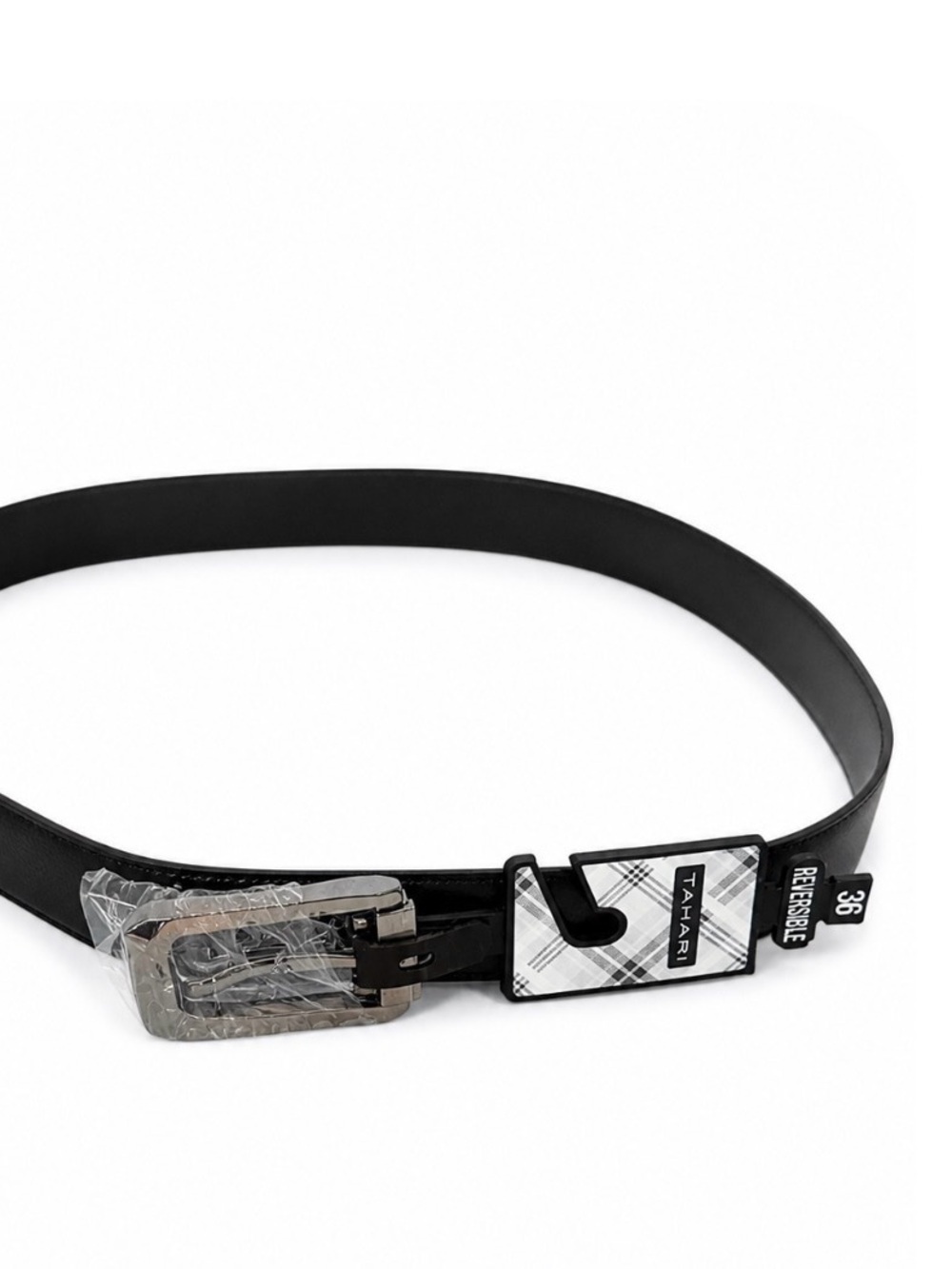 Tahari Black Leather Textured Reversible Belt with Silver Buckle SZ 36" NEW